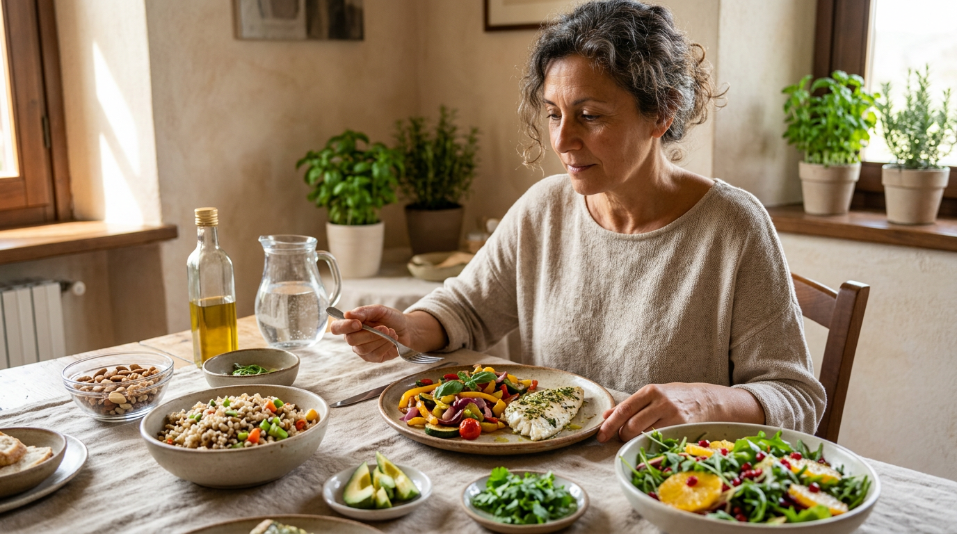Varia selezione di alimenti freschi e sani, come frutta, verdura e cereali non raffinati, disposti su un tavolo di legno chiaro.