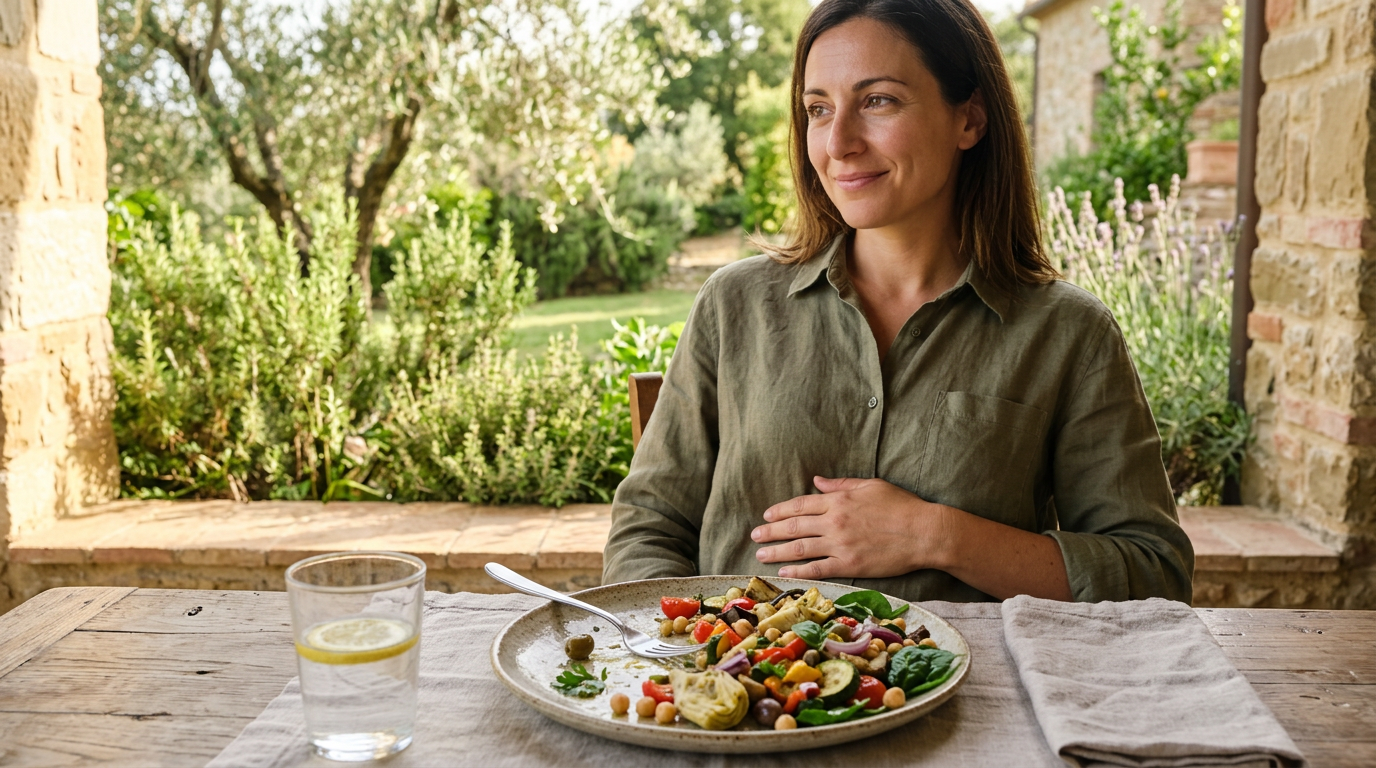 Donna sorridente che assapora con gli occhi chiusi un piatto di verdure colorate, seduta in una cucina luminosa e moderna.