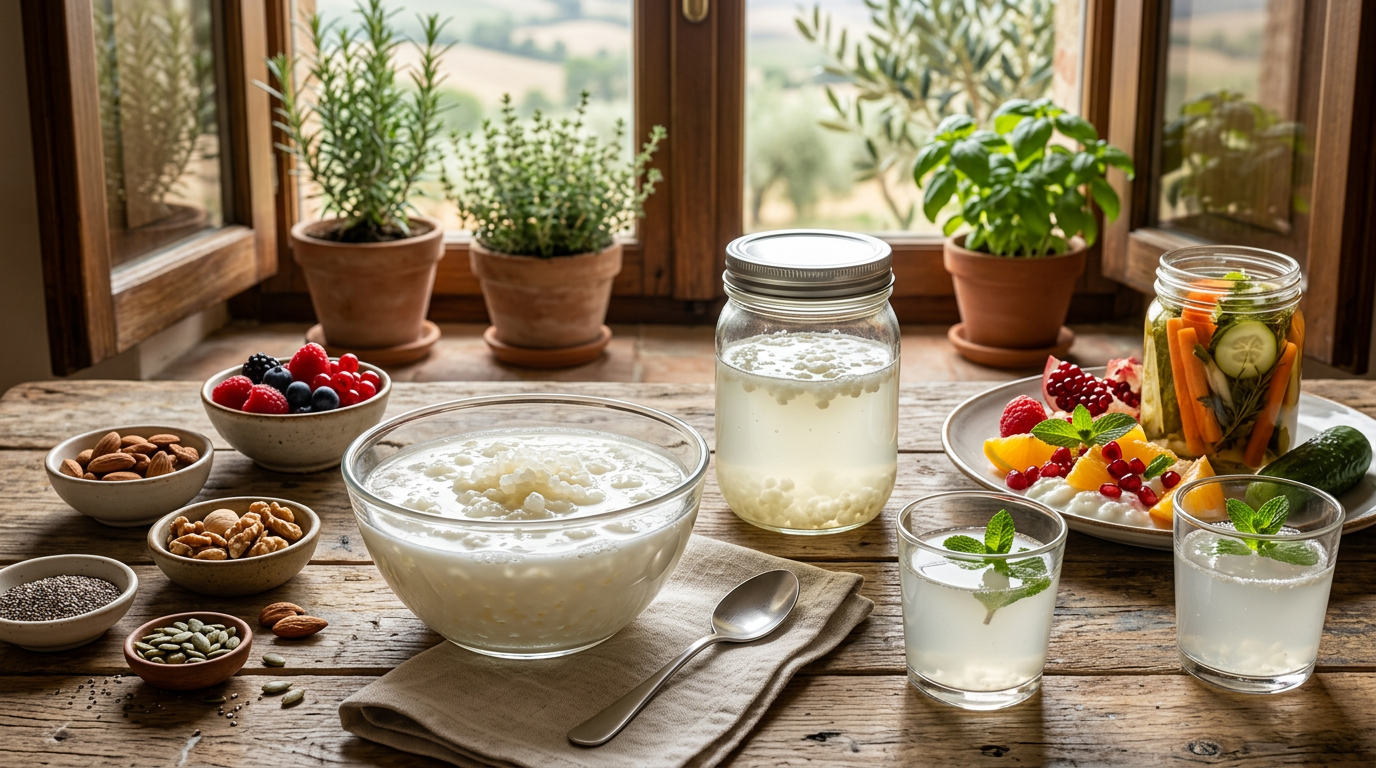 Bicchieri di kefir d'acqua con pezzi di limone e zenzero fresco su un tavolo di legno.