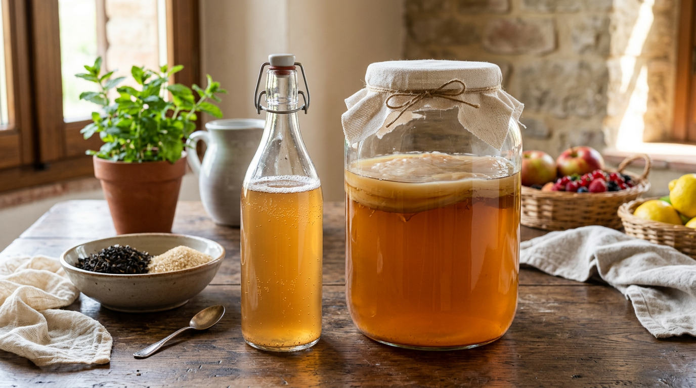 Bicchiere di kombucha fresco con ghiaccio, una fetta di arancia e menta fresca