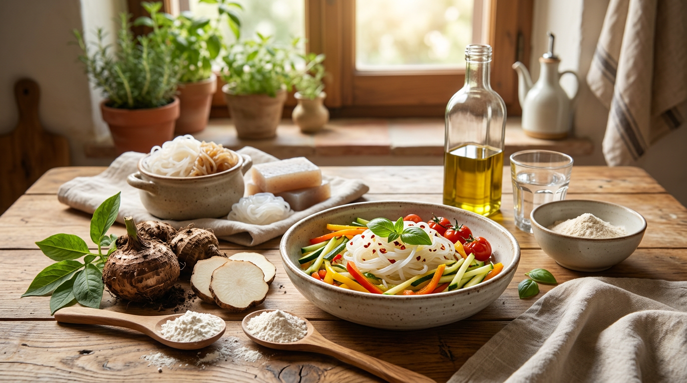 Ciotola di shirataki (noodles di konjac) con verdure fresche colorate e erbe aromatiche.