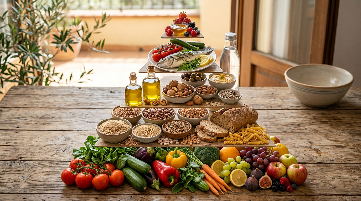 Una rappresentazione colorata della piramide alimentare con frutta, verdura, cereali alla base e dolci al vertice