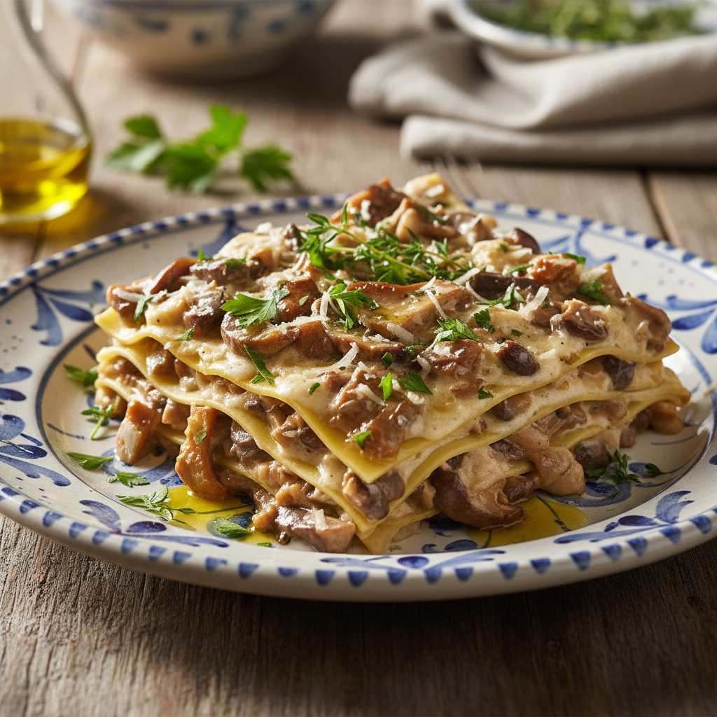 Porzione di lasagne ai funghi con besciamella vegetale e prezzemolo fresco su un piatto bianco.