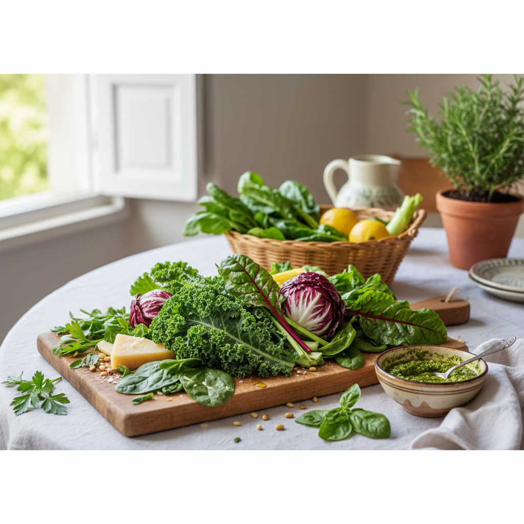 Cesto di verdure a foglia verde fresche di stagione, tra cui spinaci, bietole e rucola