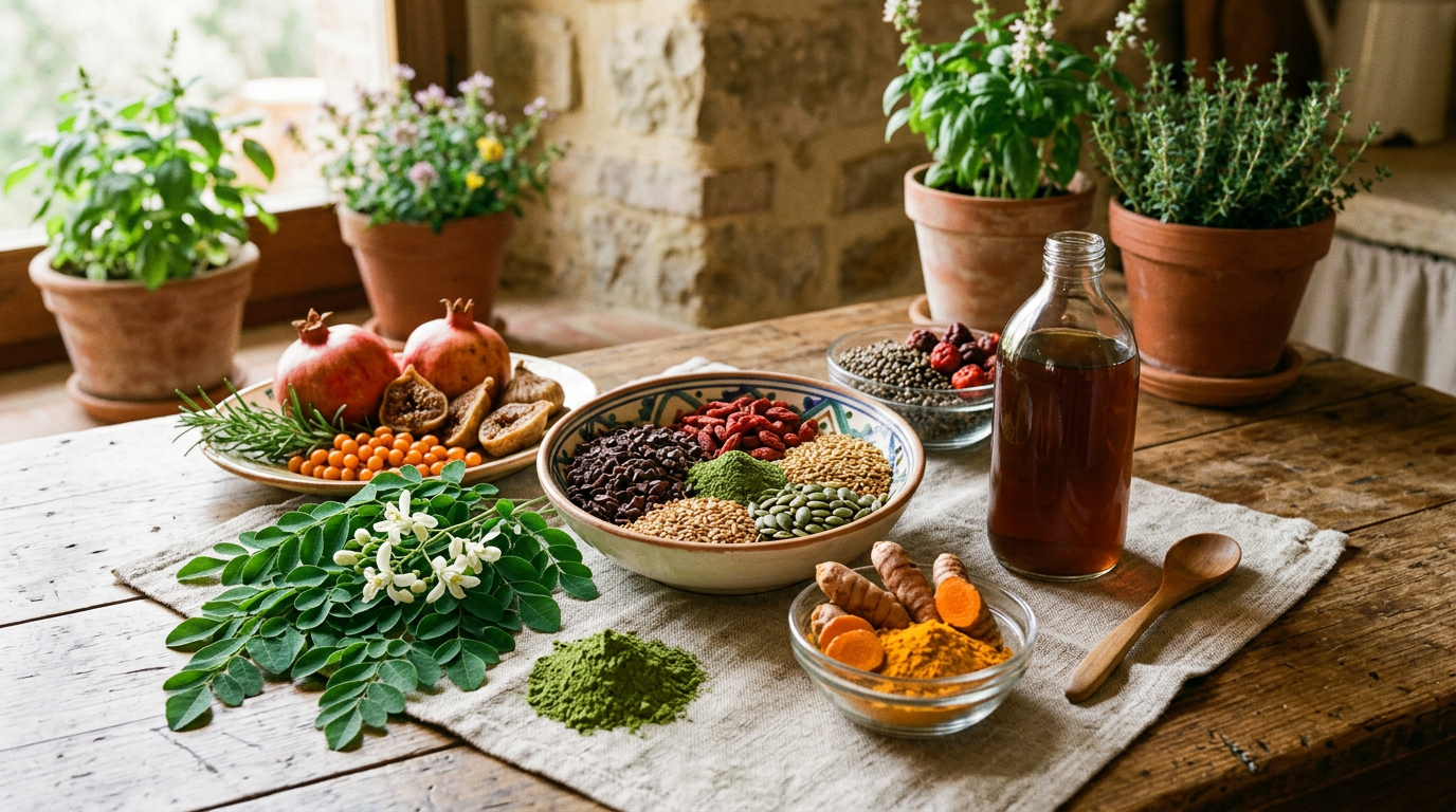 Piatto colorato con quinoa, verdure fresche, legumi e semi oleosi su un tavolo di legno chiaro