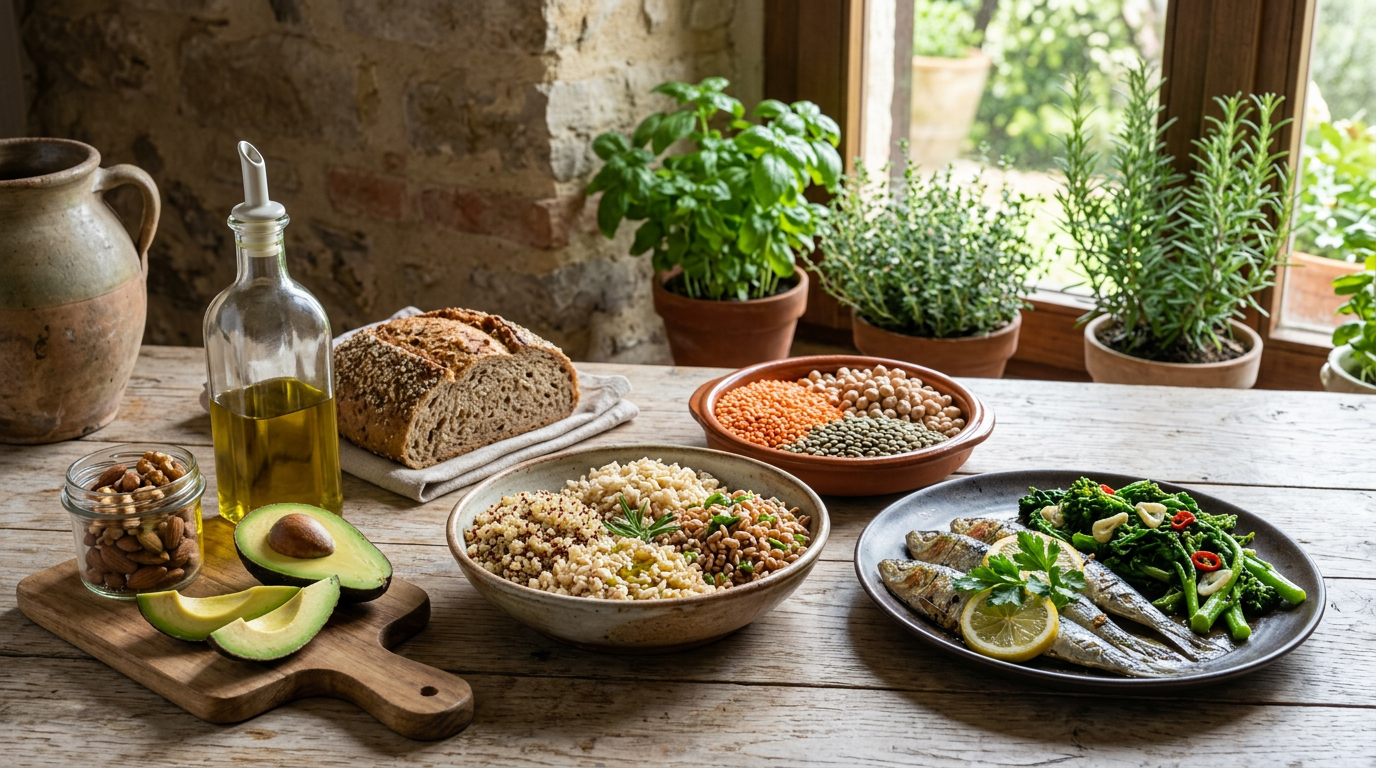 Ciotole di legno contenenti le tre categorie di macronutrienti: una con cereali e pane, una con pesce e uova, e una con avocado e noci.