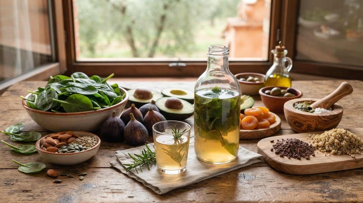 Ciotola di legno con semi di zucca e verdure a foglia verde