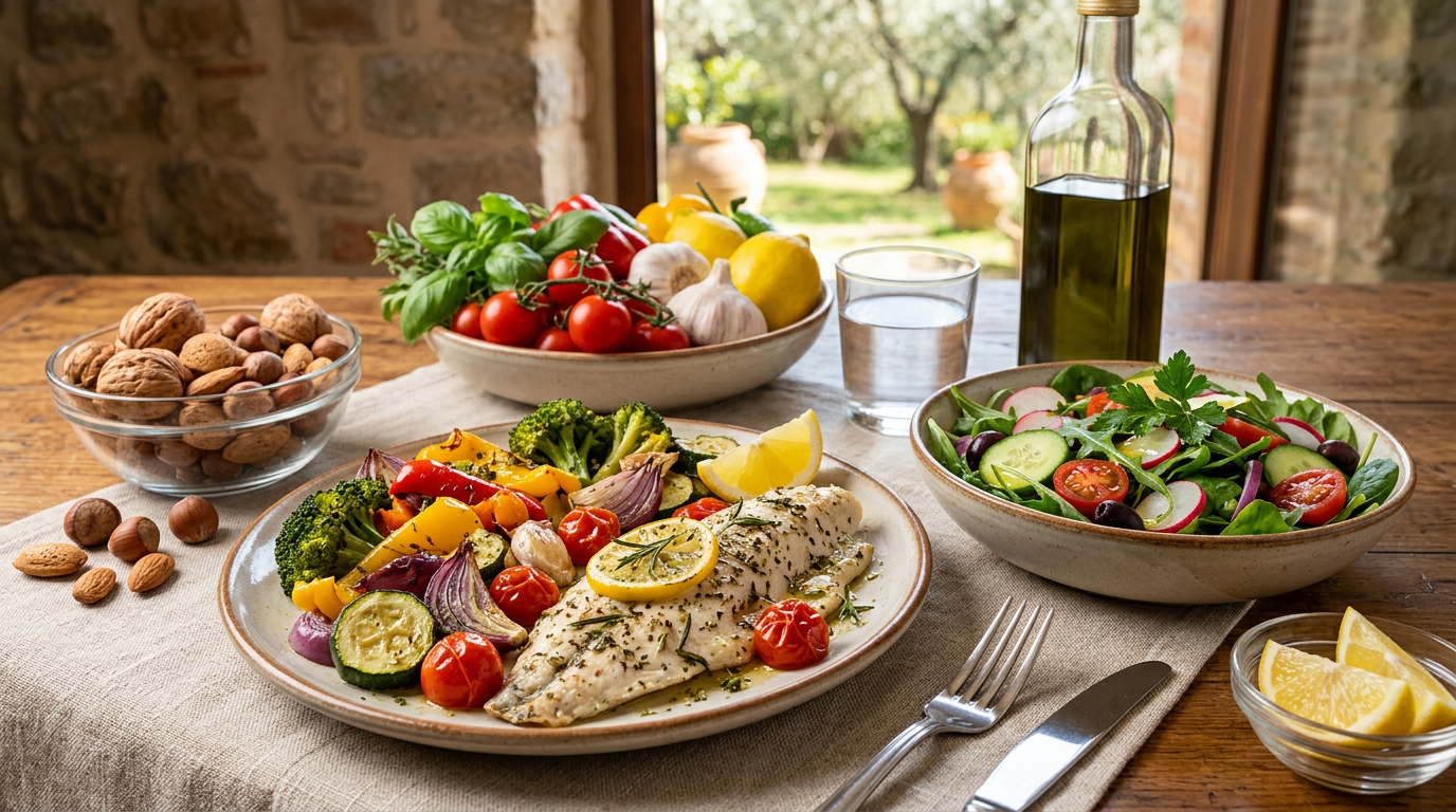 Mano che tiene un modello di cuore rosso su uno sfondo di verdure fresche, simbolo di salute cardiovascolare.