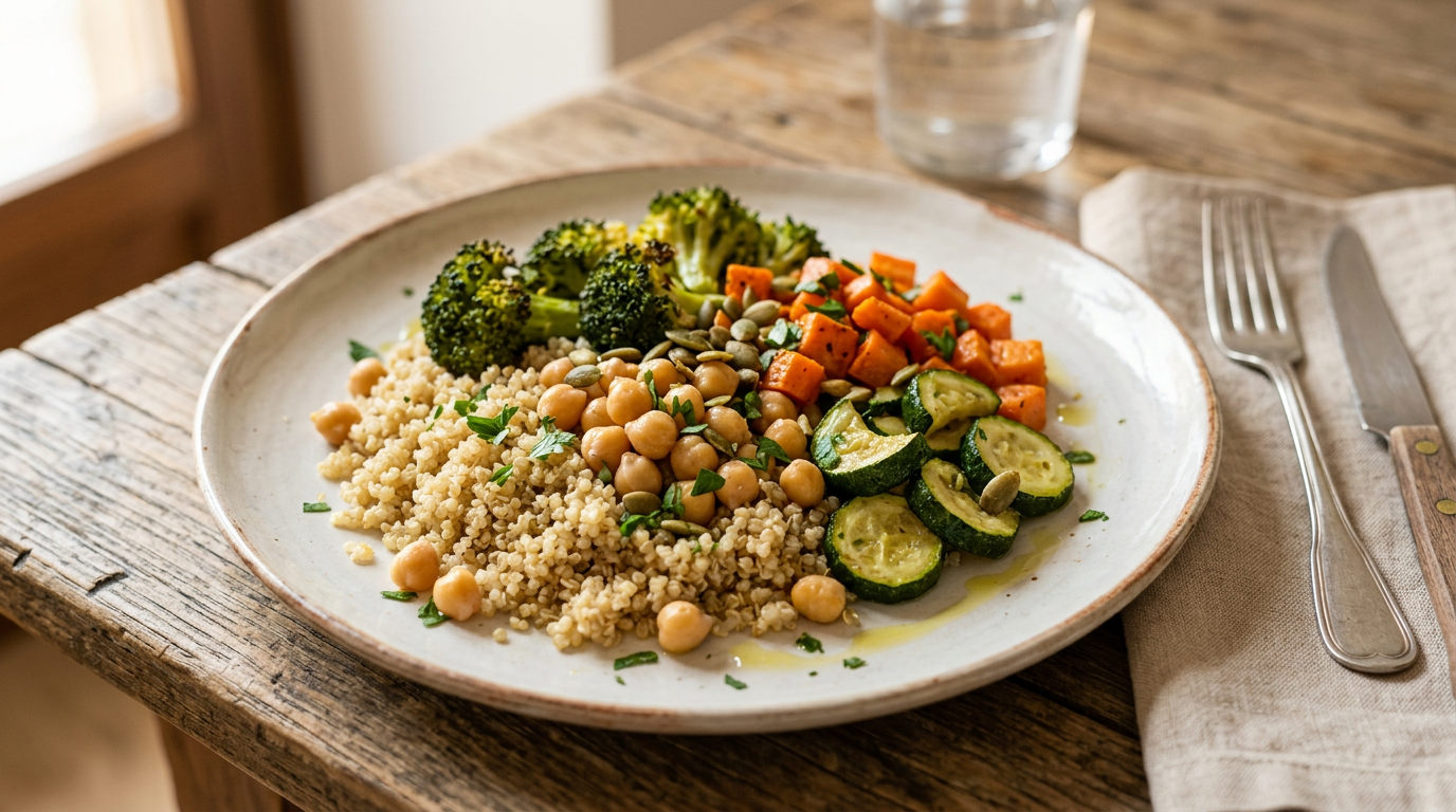 Contenitori per meal prep in vetro riempiti con quinoa, verdure colorate e ceci speziati, pronti per la settimana.