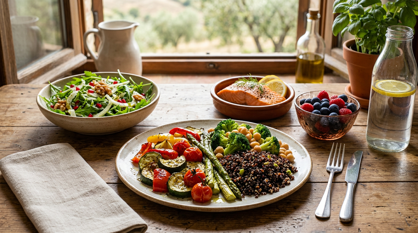 Donna di mezza età sorridente che prepara un'insalata salutare in una cucina luminosa