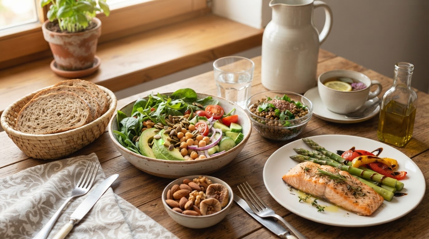 Ciotola di insalata mista con verdure fresche e semi oleosi su tavolo di legno