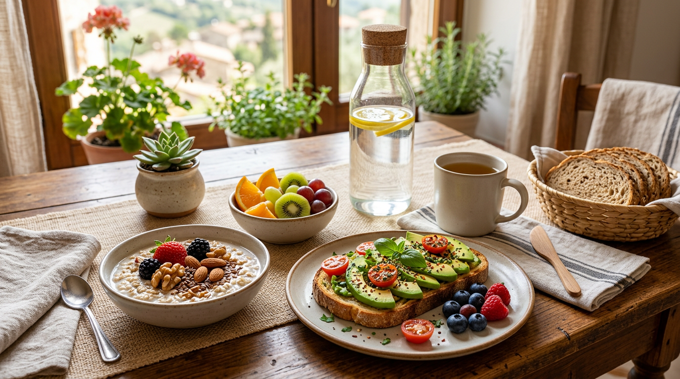 Donna in menopausa che sorride mentre prepara un'insalata fresca con verdure colorate