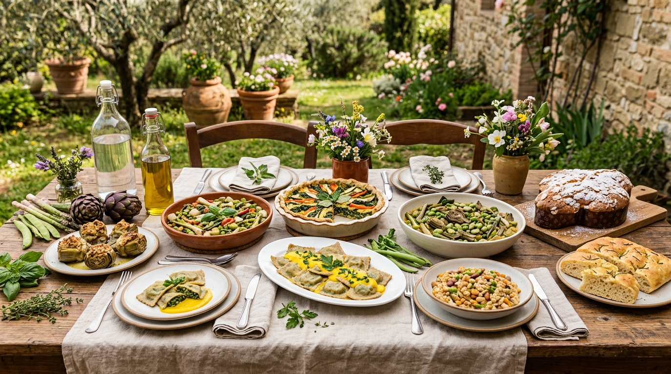 Tavola imbandita con piatti vegetali colorati per la Pasqua, senza uova