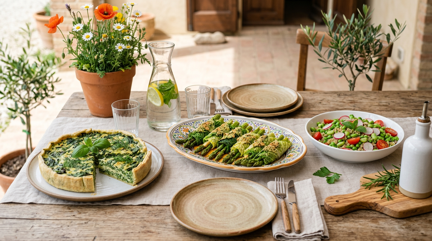 Tavola imbandita di Pasqua con piatti vegani colorati e verdure fresche di stagione in primo piano.