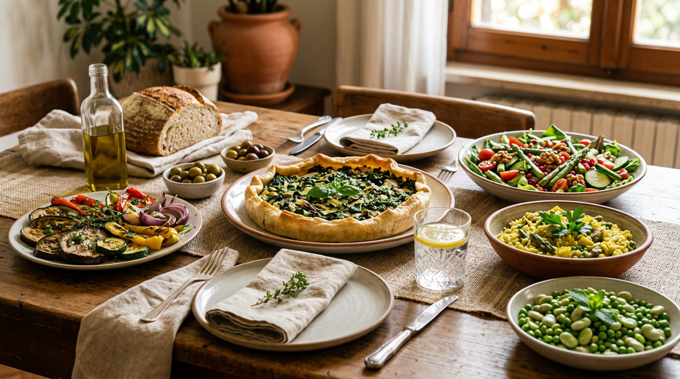 Tavola imbandita per Pasqua con piatti vegetariani a base di asparagi, carciofi e verdure fresche di stagione in un ambiente luminoso.