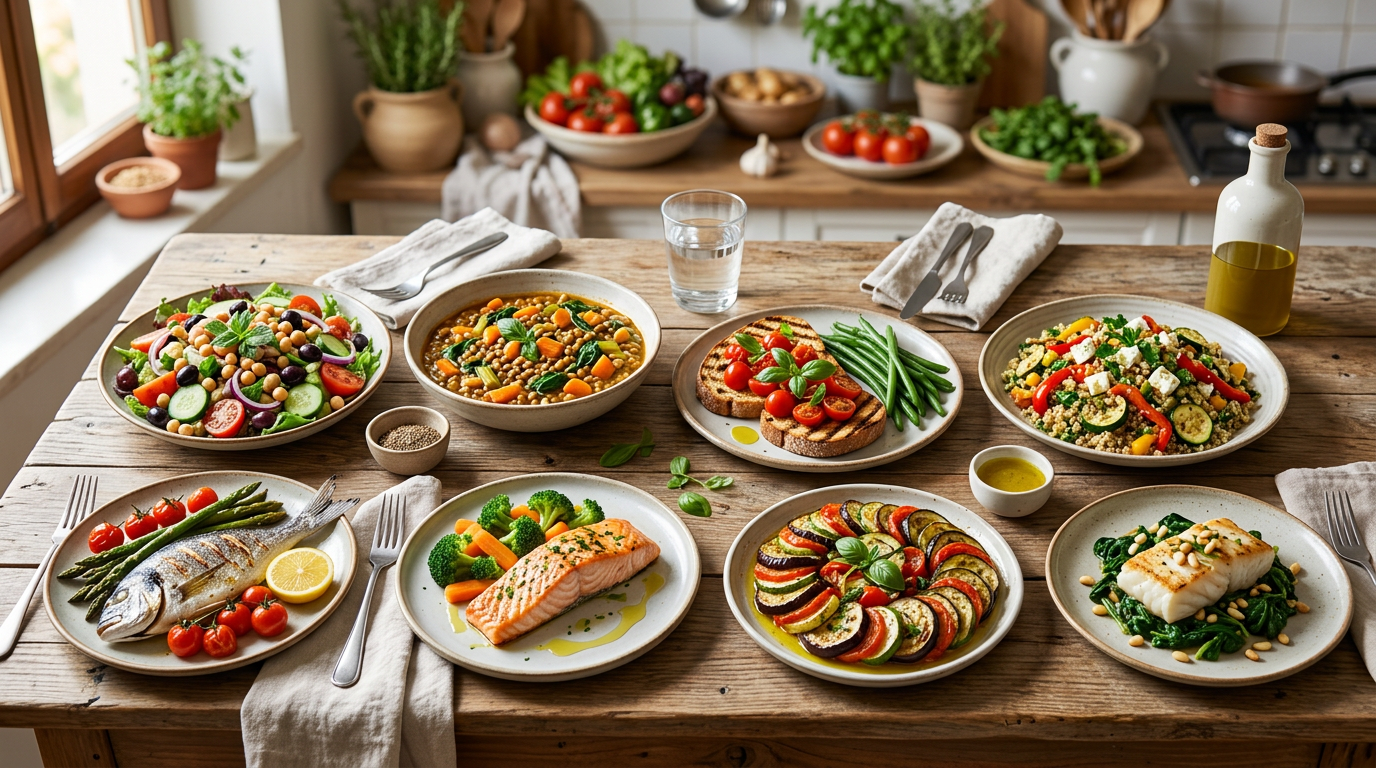 Tavolo in legno con piatti sani che rappresentano un menu settimanale, con salmone, quinoa, e verdure fresche colorate.