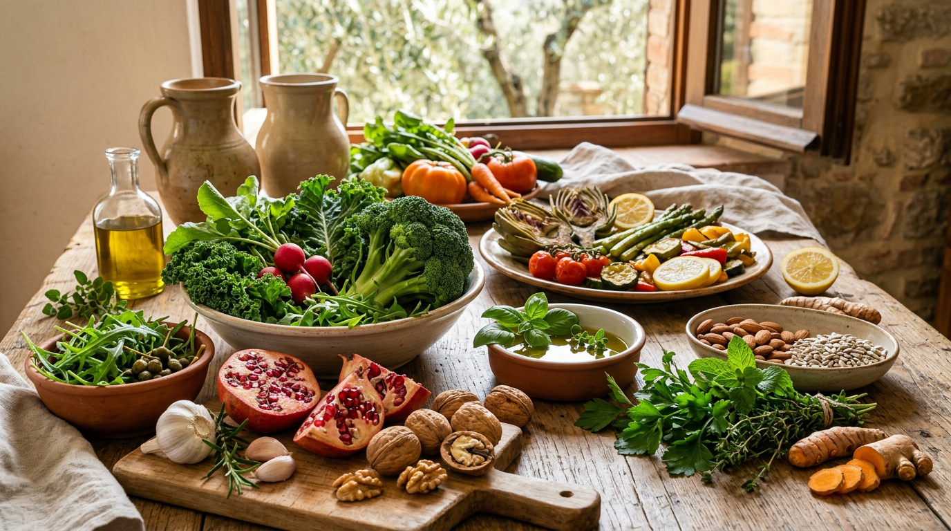 Composizione colorata di frutta e verdura biologica di stagione su un tavolo di legno rustico.