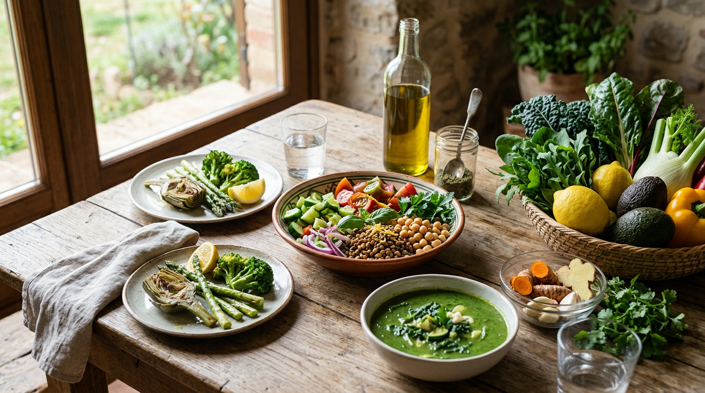 Verdure a foglia verde, broccoli, limoni e aglio disposti su un tavolo di legno scuro