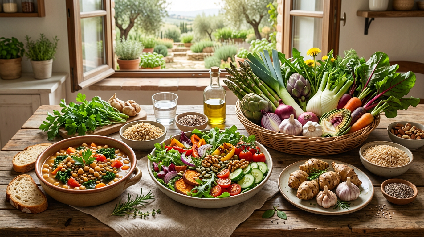 Ciotola di verdure colorate ricche di prebiotici come asparagi, cipolle e carciofi, su un tavolo di legno rustico.