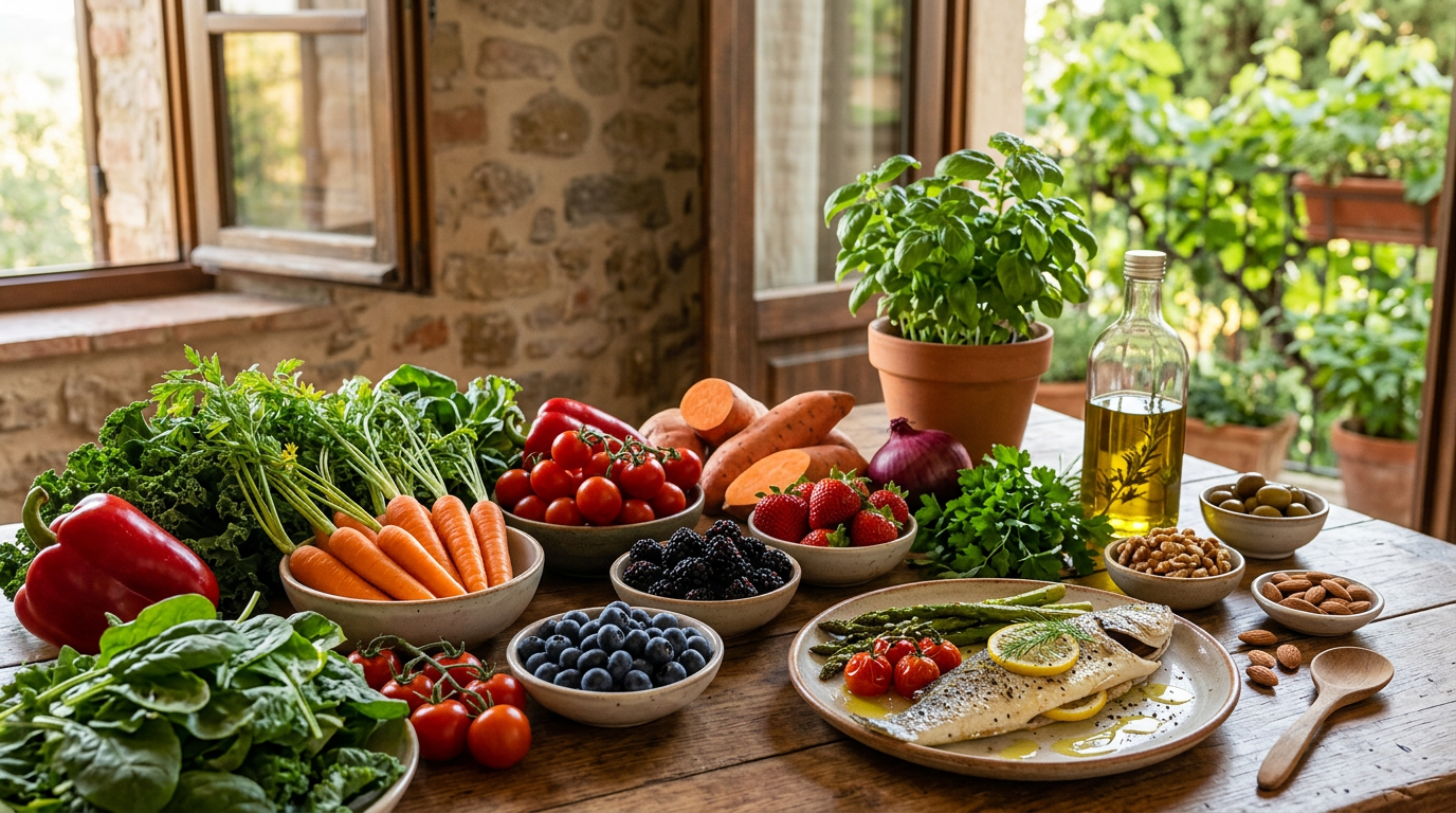 Una selezione di alimenti colorati ricchi di antiossidanti per la salute degli occhi, come spinaci, carote, mirtilli e noci, disposti su un tavolo di legno.