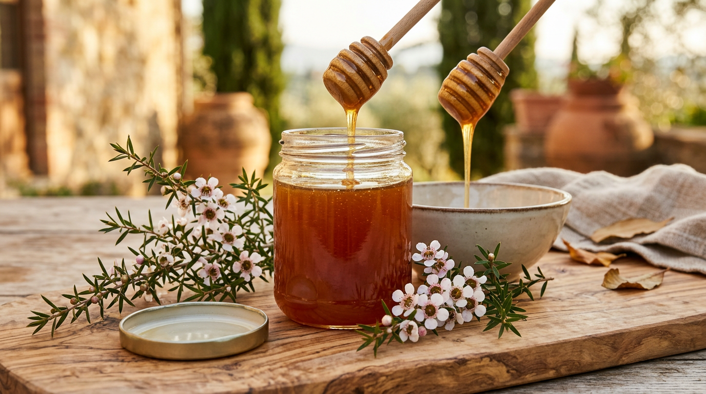Miele di Manuka scuro e denso versato da un cucchiaio di legno in un barattolo di vetro.