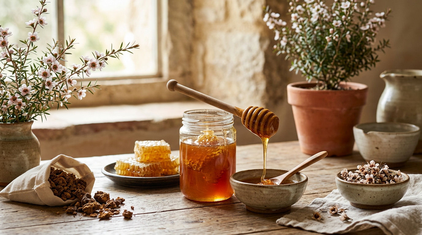 Vasetto di miele di Manuka su un cucchiaio di legno, con il fiore di Manuka sullo sfondo.
