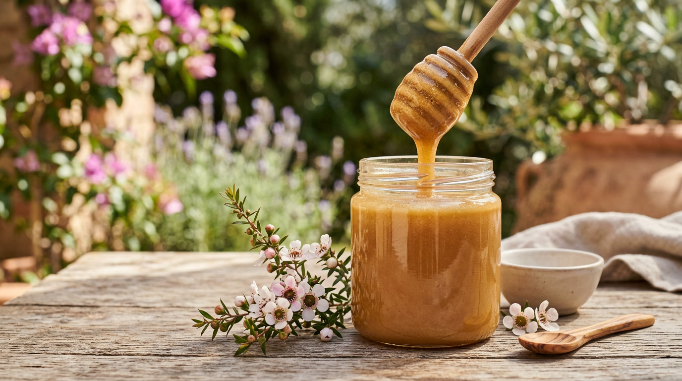 Vasetto di Miele di Manuka su un tavolo di legno, con un cucchiaio speciale per il miele che ne raccoglie una goccia densa e ambrata.