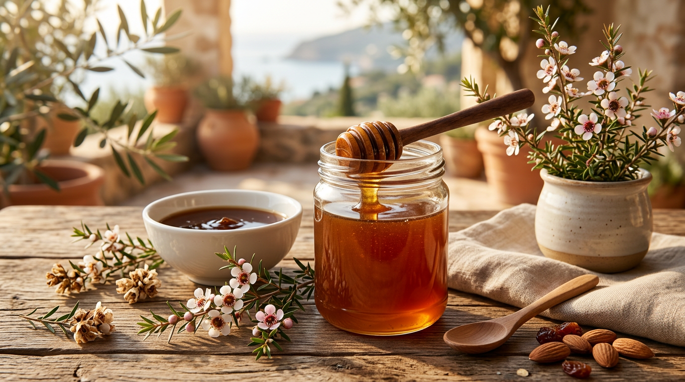 Un barattolo di miele di Manuka con un cucchiaio di legno appoggiato accanto, su uno sfondo naturale verde.