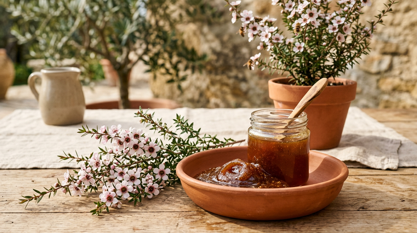 Vasetto di Miele di Manuka con un apposito cucchiaio di legno appoggiato sopra.