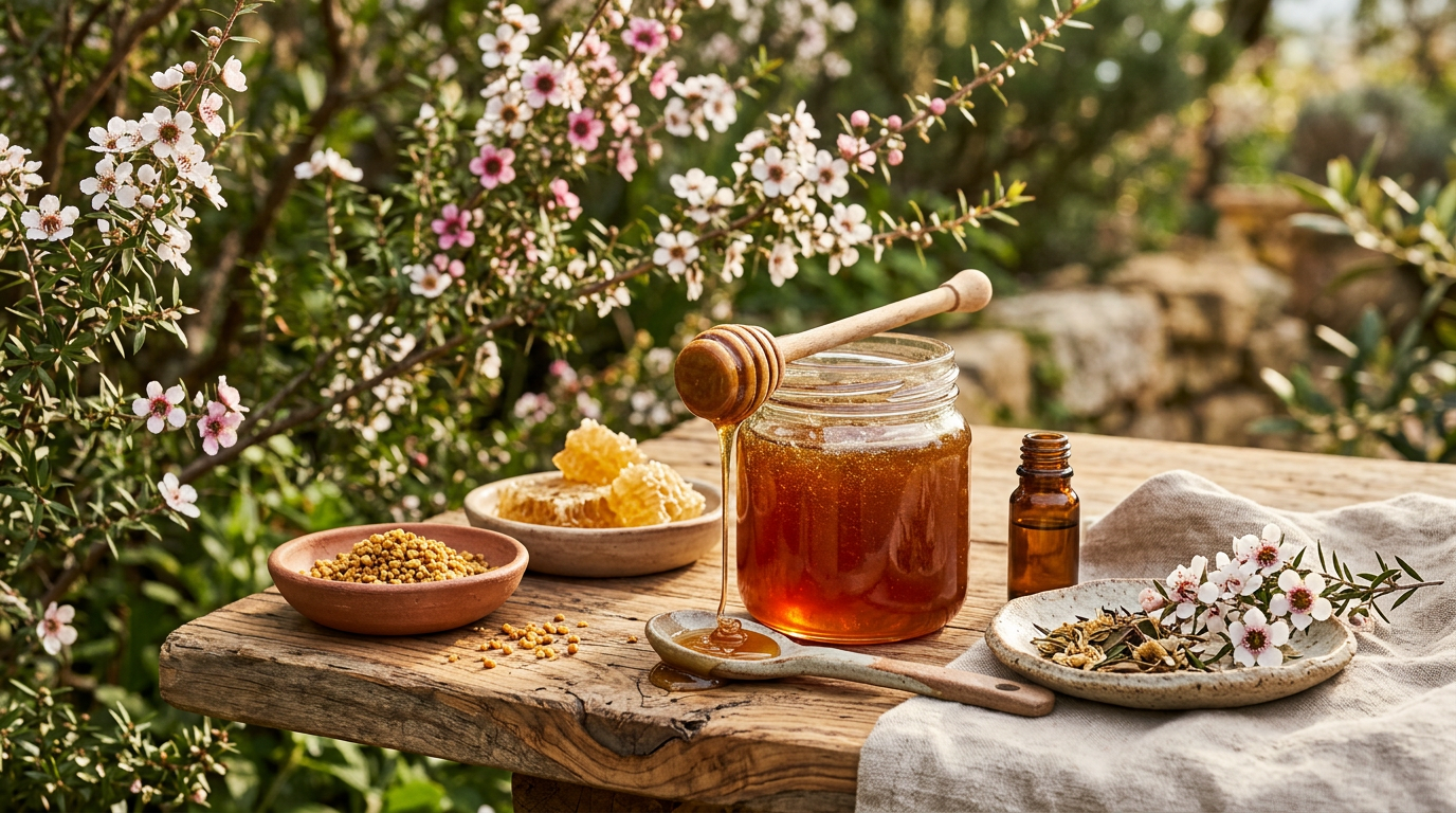 Vasetto di vetro di miele di Manuka con il suo caratteristico cucchiaio dosatore in legno.