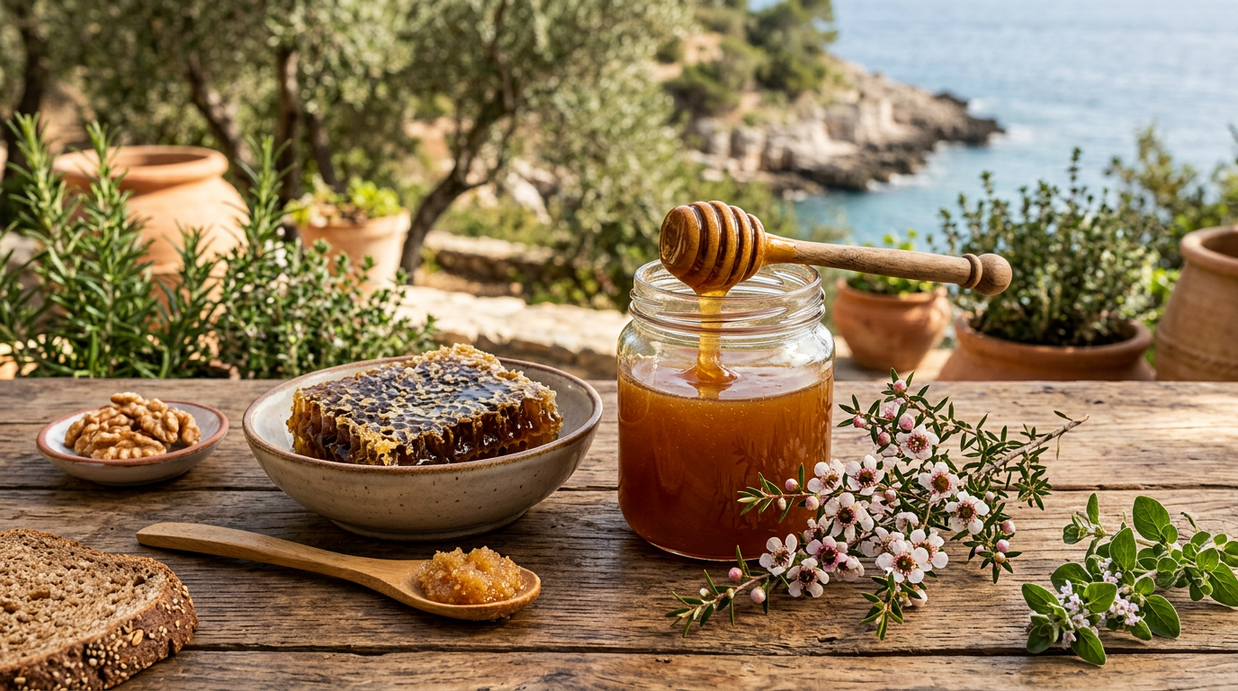 Un vasetto di miele di Manuka con il suo caratteristico colore ambrato scuro e un apposito cucchiaio di legno.