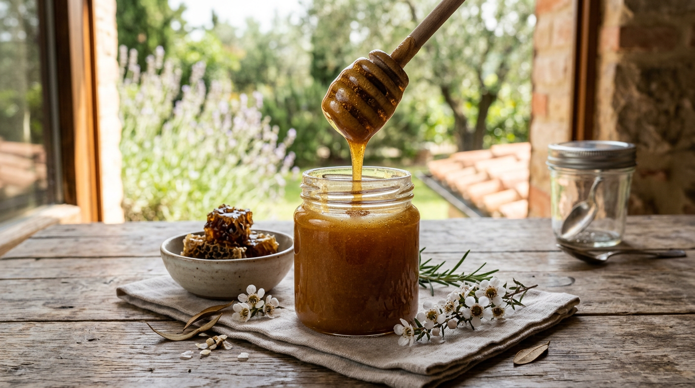 Barattolo di vetro di miele di Manuka con un cucchiaio di legno appoggiato accanto