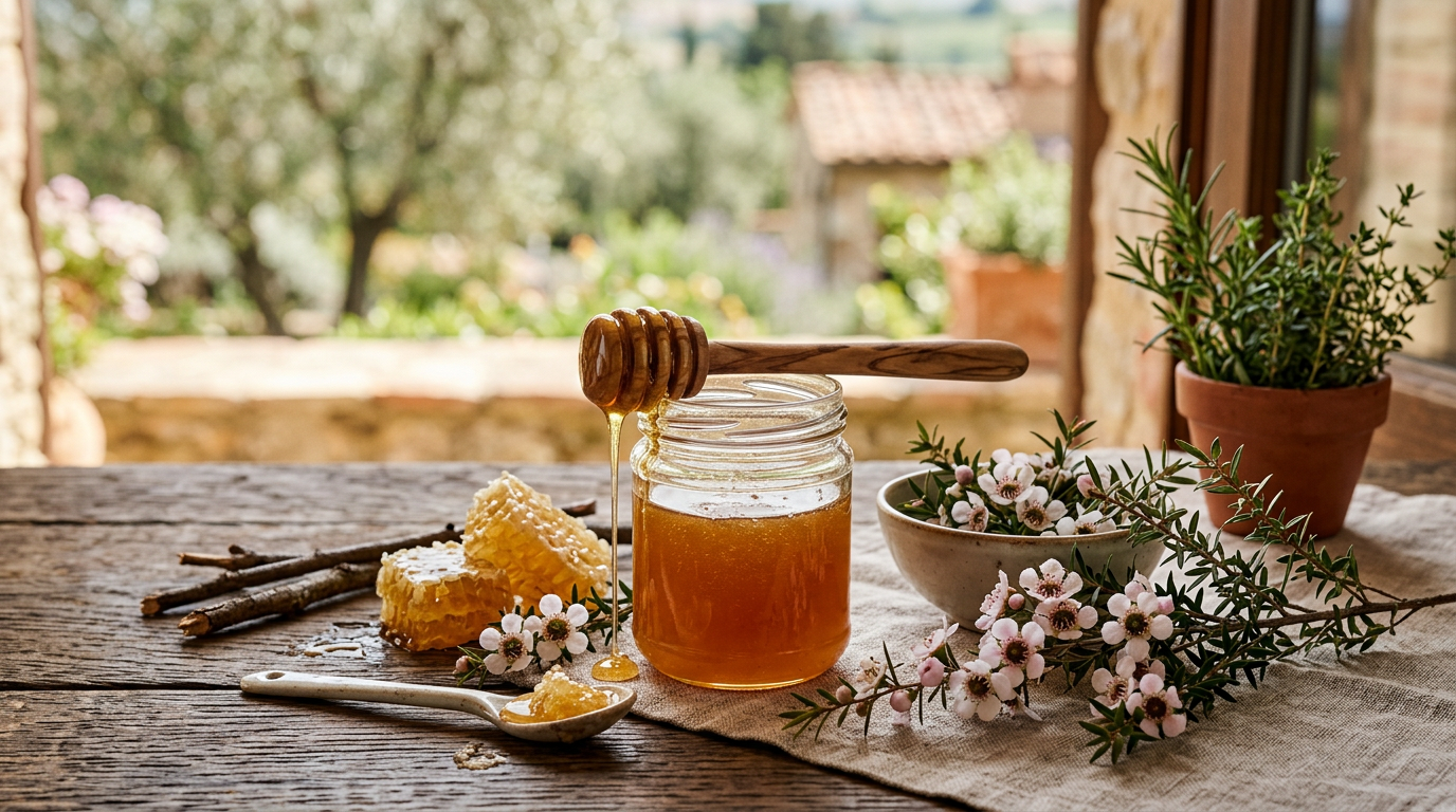 Ciotola di vetro con miele di Manuka denso e dorato e un apposito cucchiaio di legno.