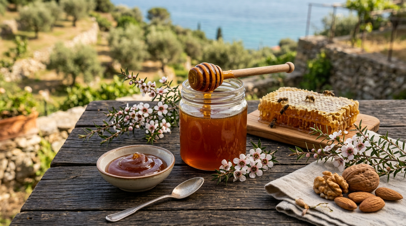 Un vasetto di miele di Manuka ambrato con un apposito cucchiaio di legno accanto