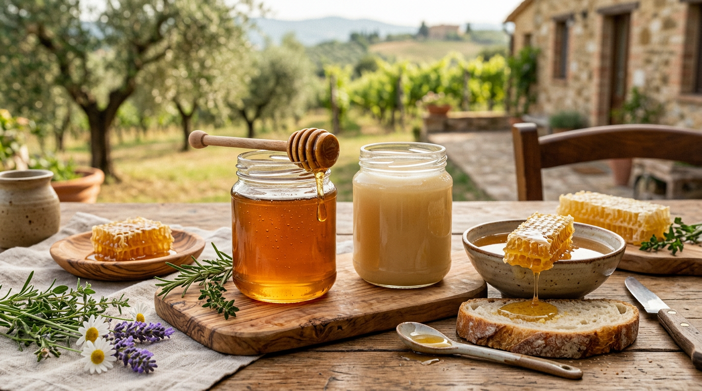 Un vasetto di miele biologico e dorato con un colamiele di legno appoggiato sopra.