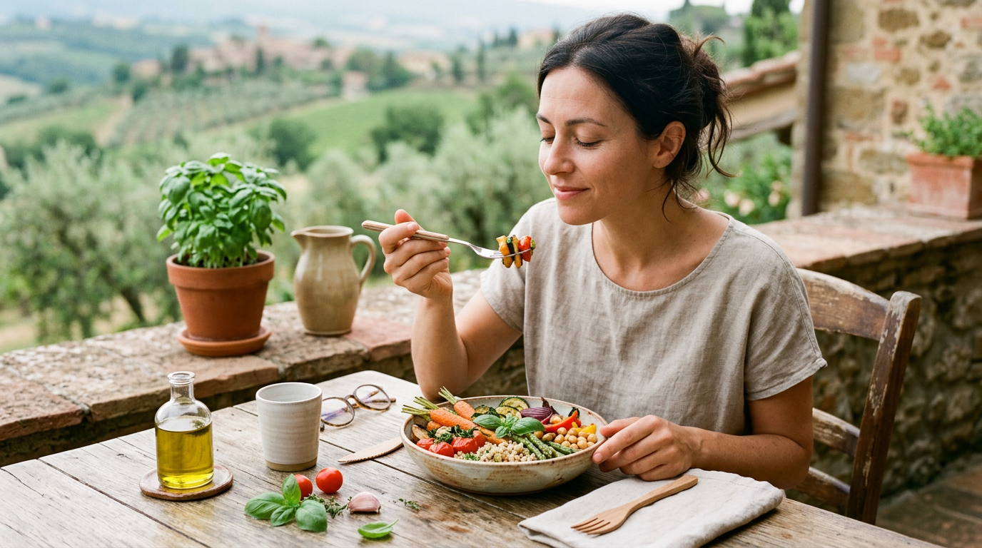 Donna seduta a tavola che osserva con un sorriso sereno un piatto di verdure colorate, pronta a mangiare in modo consapevole.