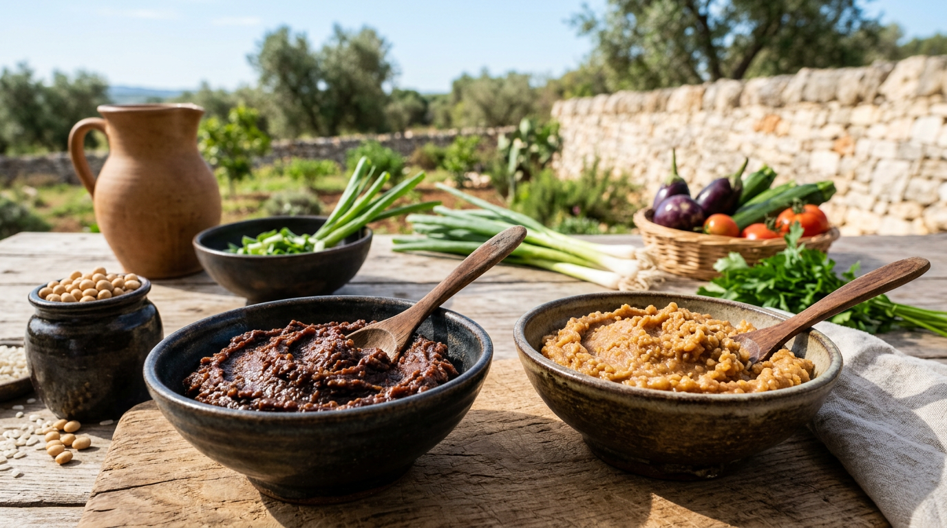Ciotola di zuppa di miso fumante con tofu, alghe wakame e cipollotti freschi.