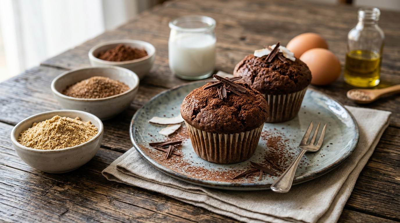 Dodici muffin al cacao biologico con farina di Kamut e latte di cocco, disposti su un piatto di legno con mandorle e lamponi sparsi.