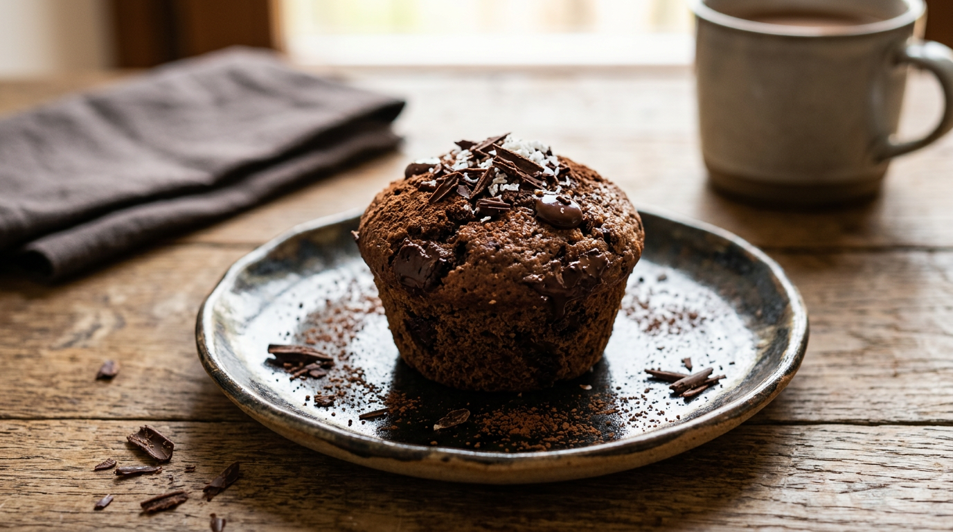 Muffin al cacao e farina di Kamut appena sfornati su una griglia di raffreddamento, con gocce di cioccolato fondente.