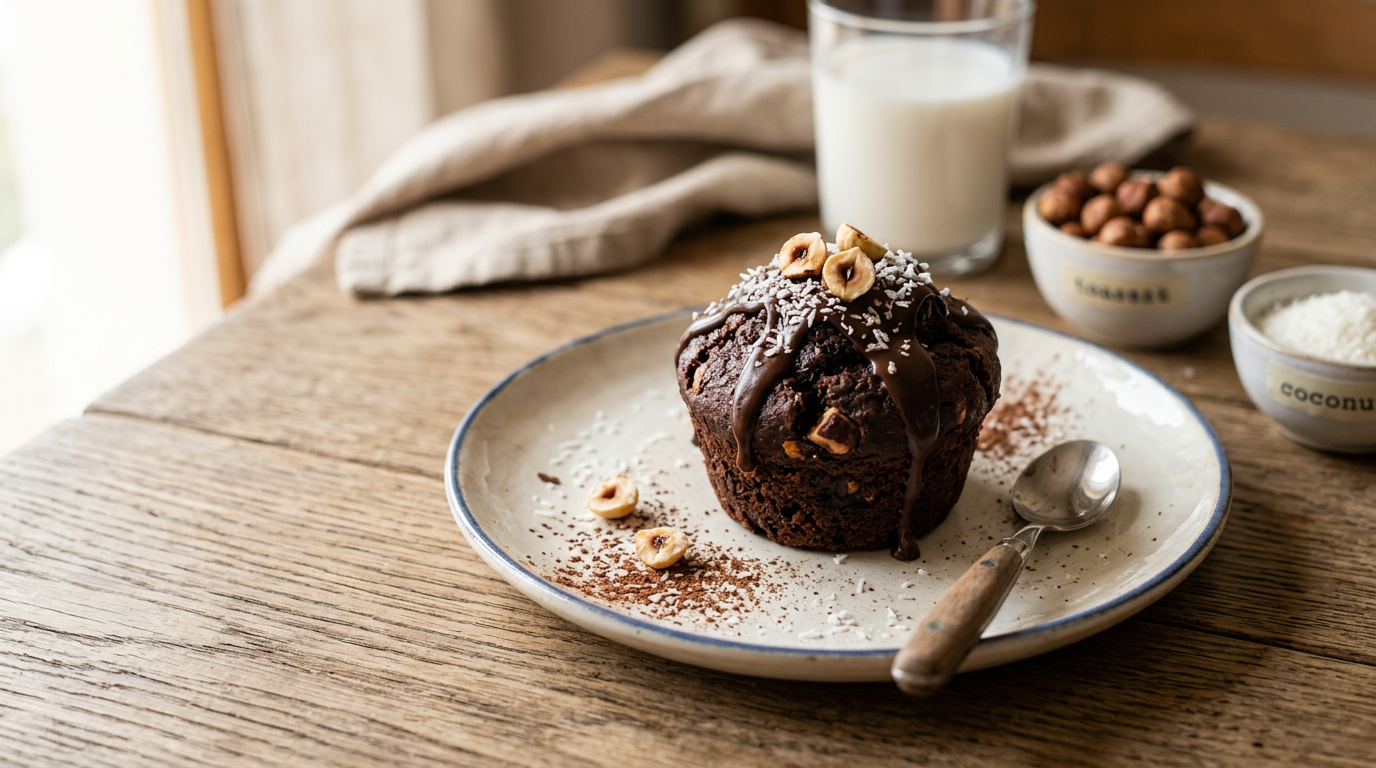 Muffin sani al cioccolato fondente e kamut appena sfornati, disposti su una gratella con scaglie di cocco e nocciole intorno.