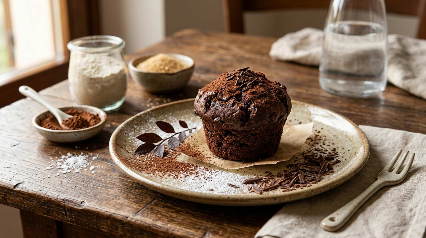 Muffin al cioccolato fondente e noci appena sfornati su una gratella, con pezzi di cioccolato e noci visibili in superficie