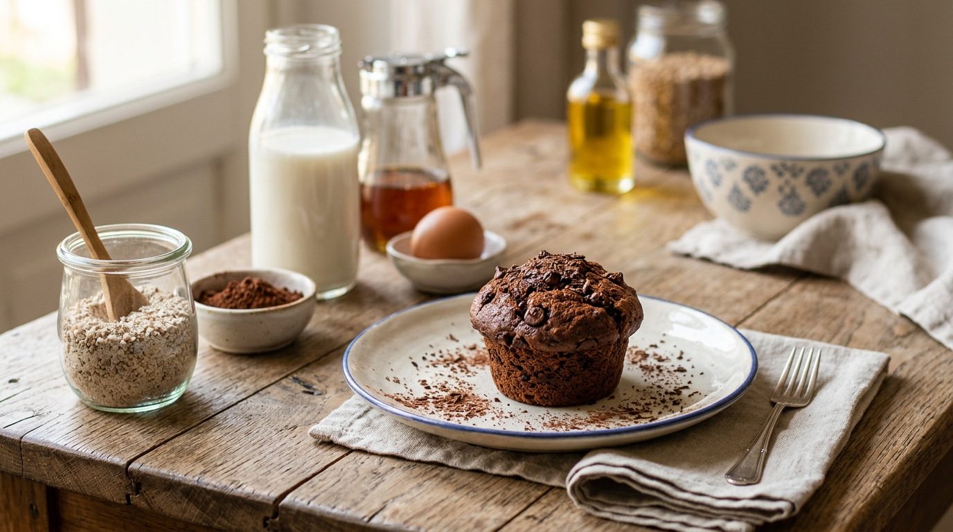 Muffin sani con gocce di cioccolato fondente su una gratella di raffreddamento, con scaglie di cioccolato intorno