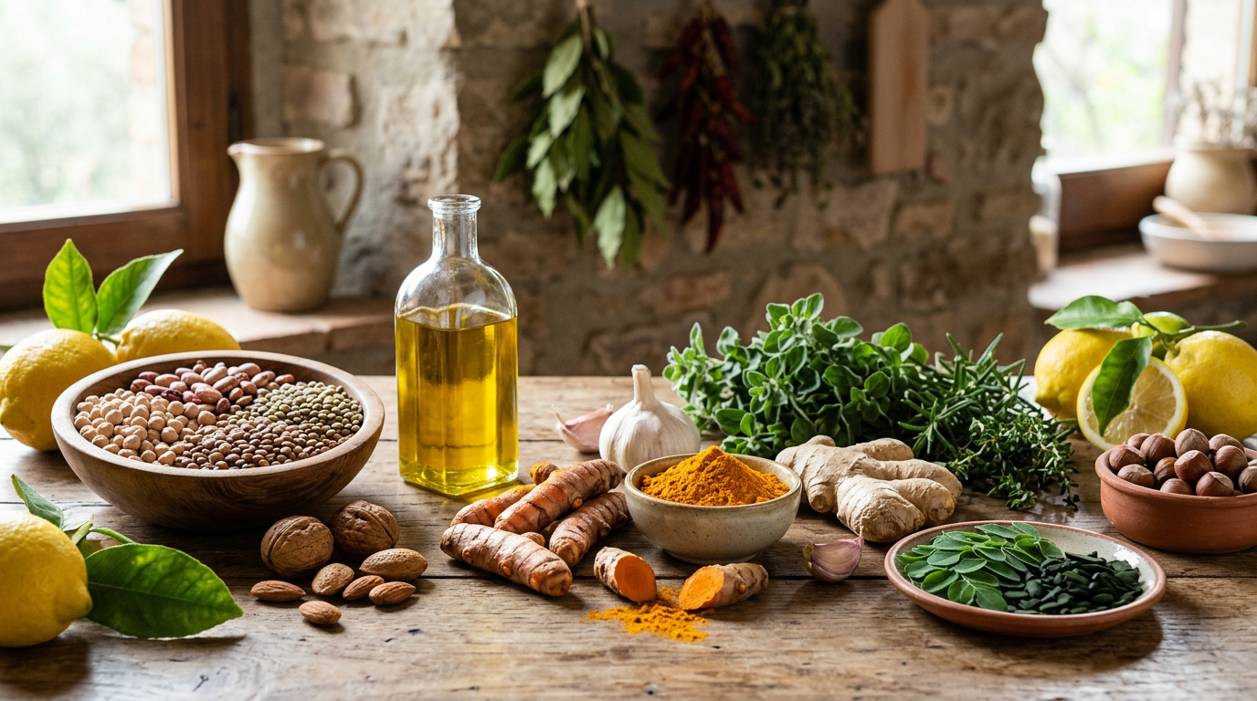 Selezione di alimenti naturali e integrali su un tavolo di legno rustico, inclusi frutta, verdura, noci e semi.