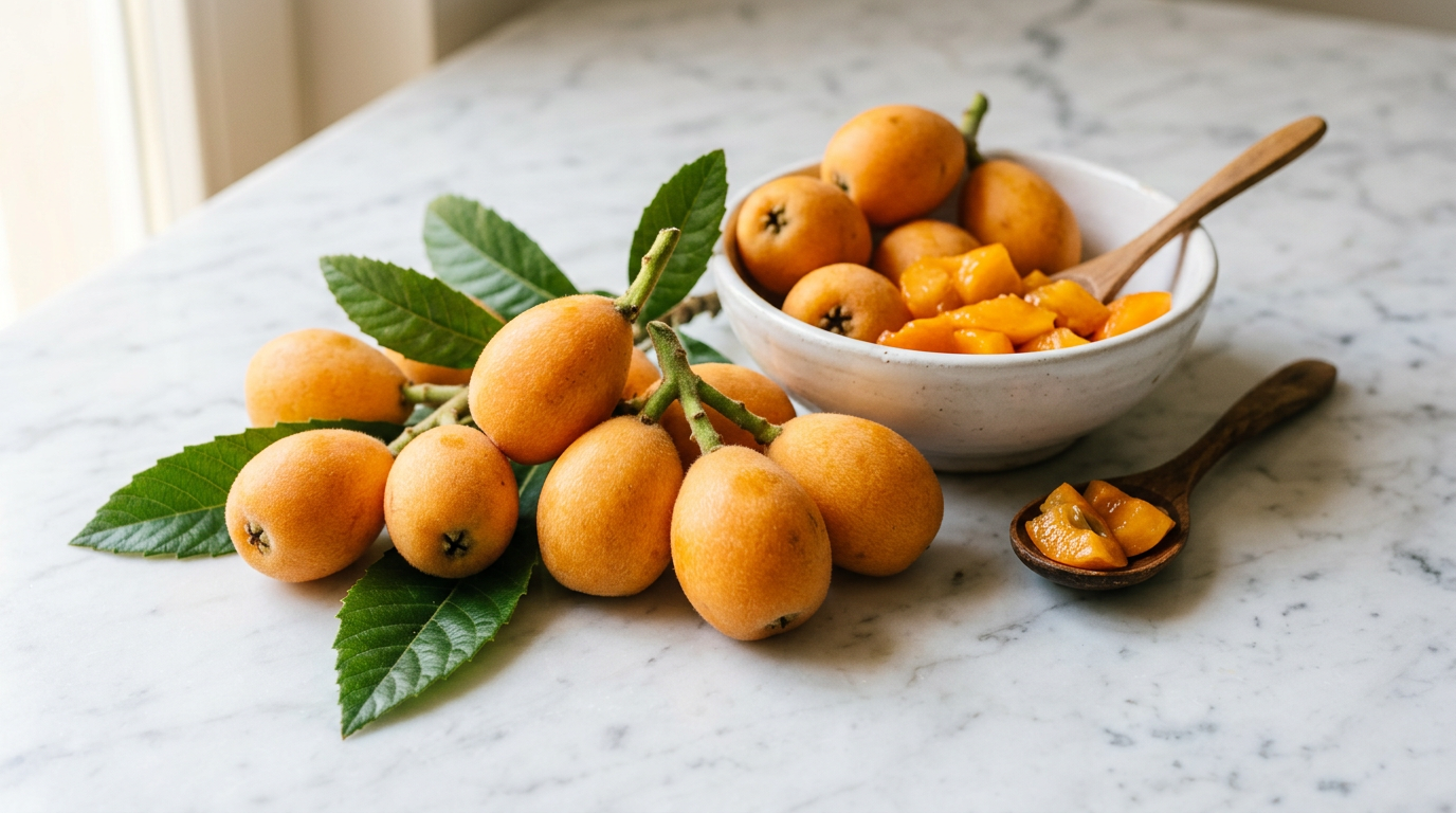 Cesto in vimini pieno di nespole fresche di primavera con foglie verdi