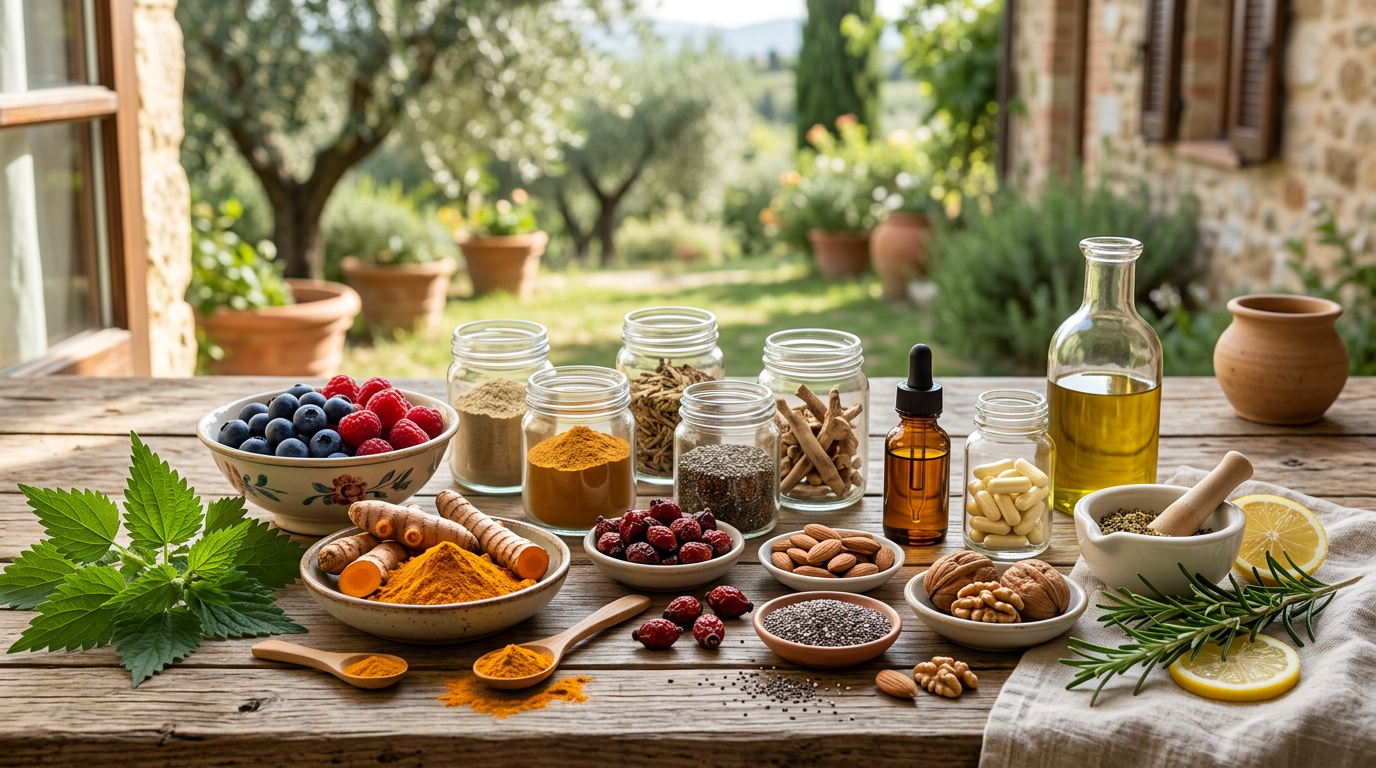 Vassoi con integratori nutricosmetici, frutta fresca e verdura colorata di stagione, con foglia di aloe vera
