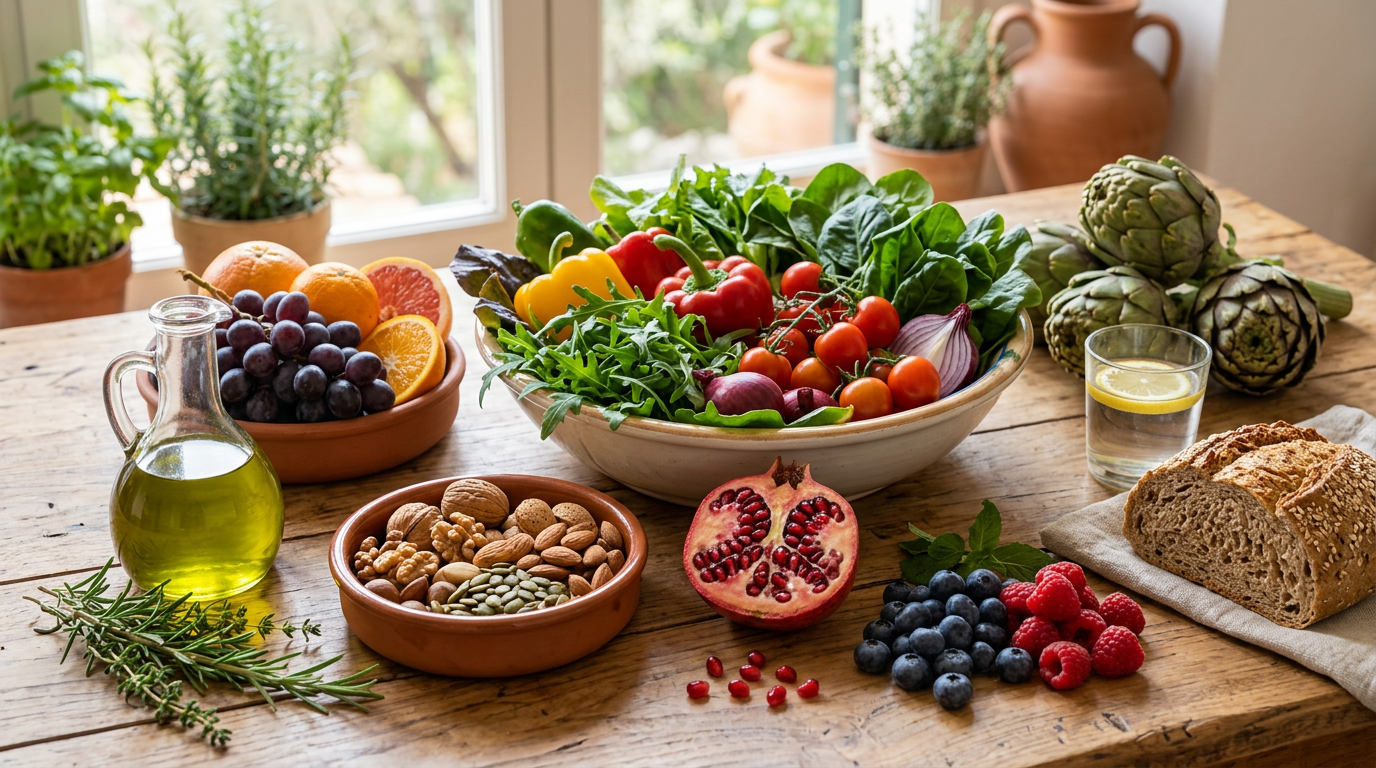 Grande cesto di vimini colmo di frutta e verdura colorata di stagione su un tavolo di legno rustico.