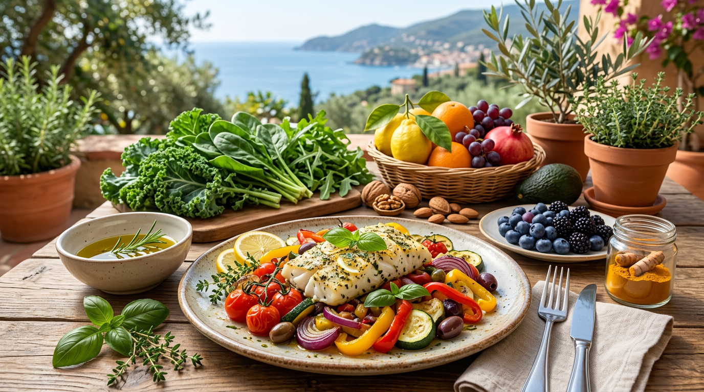 Composizione di alimenti antinfiammatori come salmone, avocado, noci e verdure a foglia verde.