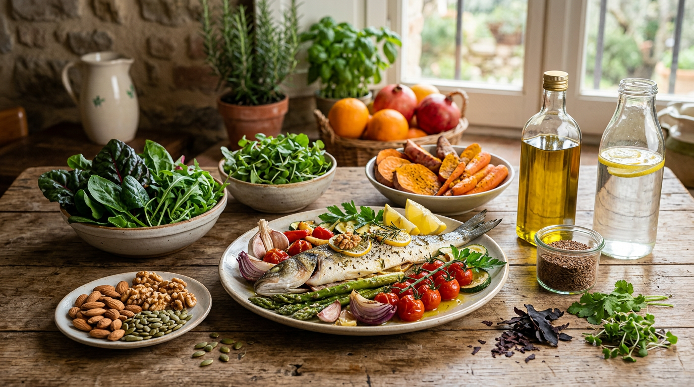 Una selezione di alimenti benefici per la tiroide come pesce, noci del Brasile e verdure a foglia verde disposti su un tavolo di legno.