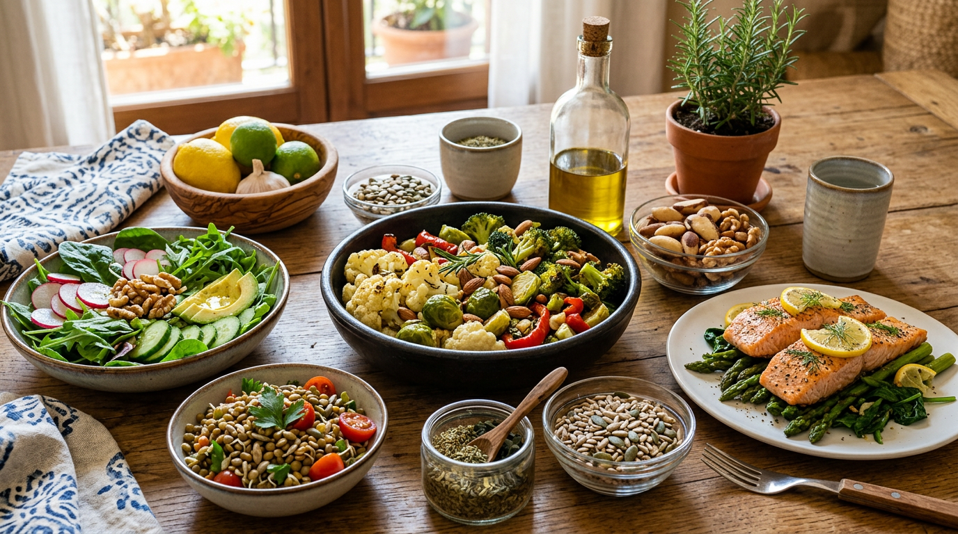 Varietà di alimenti salutari per la tiroide disposti su un tavolo di legno, incluse noci, semi, pesce e verdure a foglia verde.