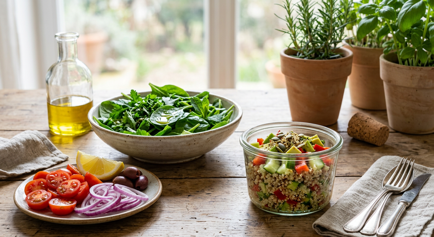 Composizione armoniosa di alimenti sani su un tavolo di legno, includendo frutta fresca, verdure colorate, semi oleosi e cereali antichi.